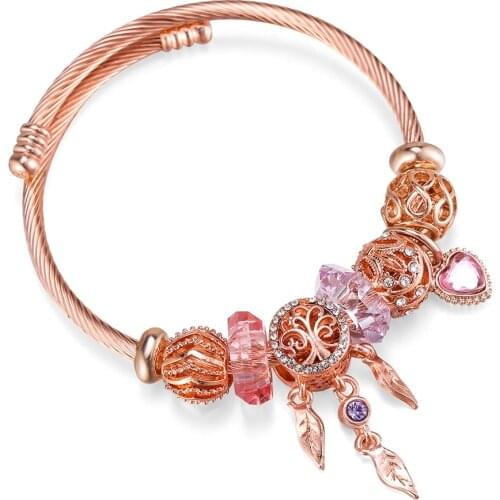 2021 New Dream Catcher Bracelet Adjustable Rose Quartz Beaded Bracelet Stainless Steel Bangle For Women SBR210067