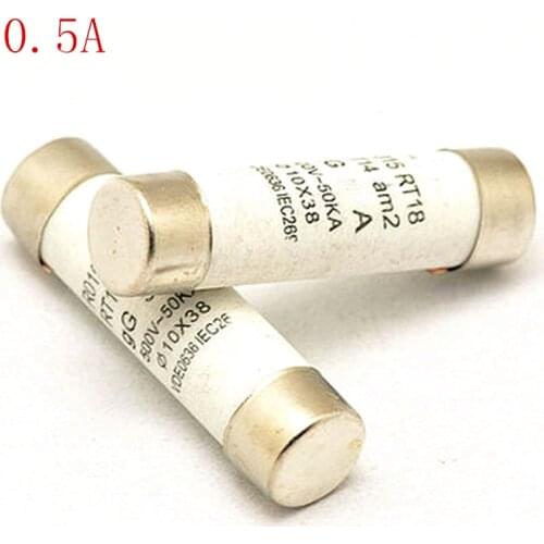 5pcs/LOT POWDER-FILLED CARTRIDGE CYLINDRICAL FUSE RO15 10*38 Ceramic fuse 0.5A 380V RT14 RT18 aM2 RT19 Ceramic insurance pipe