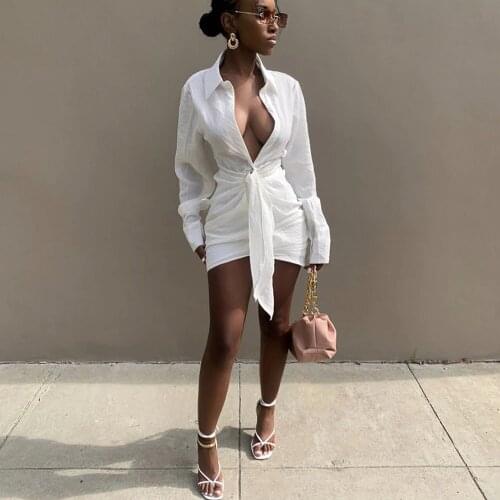 White Womens Tied Up Shirt Dresses Fashion Long Sleeve Turn Down Collar Pleated Dress Office Lady Chic Irregular Short Robe