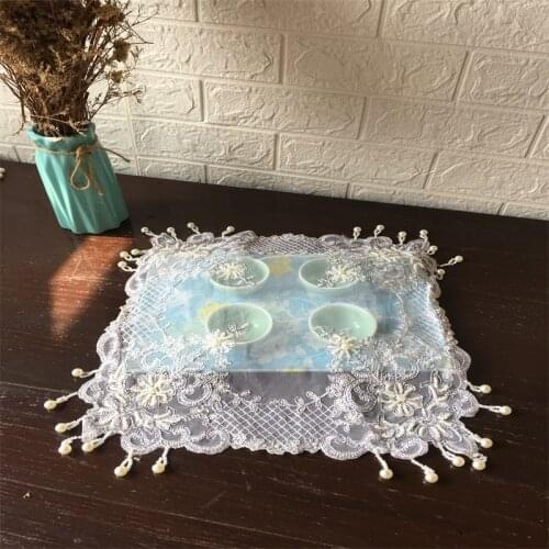 European Retro Lace Embroidery Beaded Pendant Square Table Mat Furniture Wall Cabinet Tea Set Wine Glass Cover Cloth Coaster
