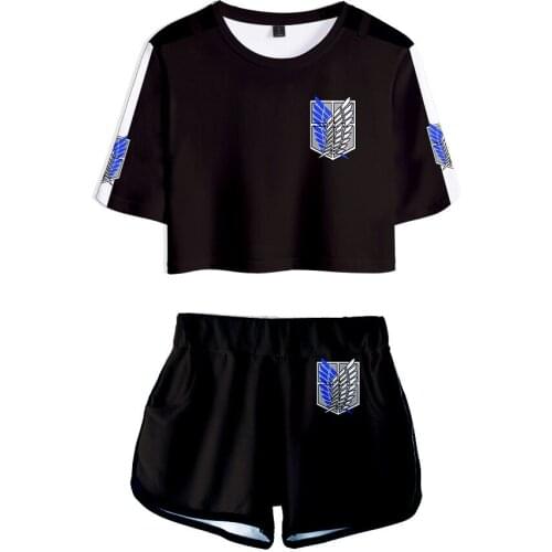 Hot Anime Attack On Titan Cosplay T-shirt Shorts Suits Summer Women Attack On Titan Short Sleeve Tees Shirts Girls Sportswear