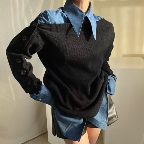 ZCSMLL Korean personality all-match denim shirt with pointed collar + button one-shoulder design knit sweater sweater suit women