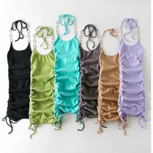 Summer hanging neck chain wrinkle suspenders Slim halter sexy dress short dress fashion new womens mini Shirring Sheath dress