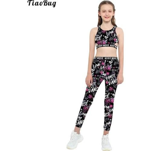 TiaoBug Summer 2Pcs Kids Girls Sport Running Gym Yoga Suit Shoulder Straps Sleeveless Racer Back Tank Top With Leggings Sets