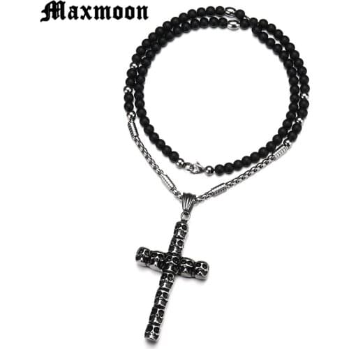 Maxmoon Large Catholic Skull Cross With Black Bead Carved Rosary Pendant Long Collier Statement Necklace Men Jewelry