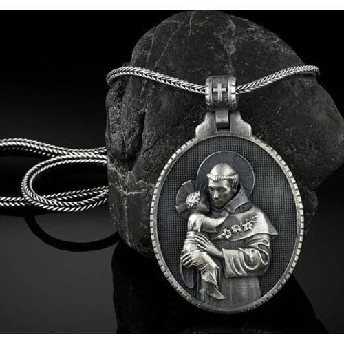 Fashion Vintage Catholic Saint Anthony Mens Pendant Necklace Christian Medal Chain Necklace