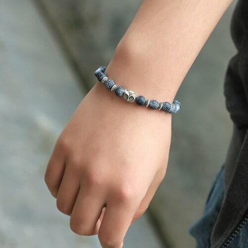 Fashion Silver Color Owl Natural Stone Men Bracelet Tiger Eye Volcanic Rocks Bracelets Bangles for Women Jewelry