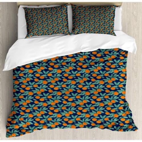 Orange Blue Duvet Cover Set Citrus Branches and Leaves 3 Piece Bedding Set Dark Violet Blue Dark Orange Grey Teal and Peacock