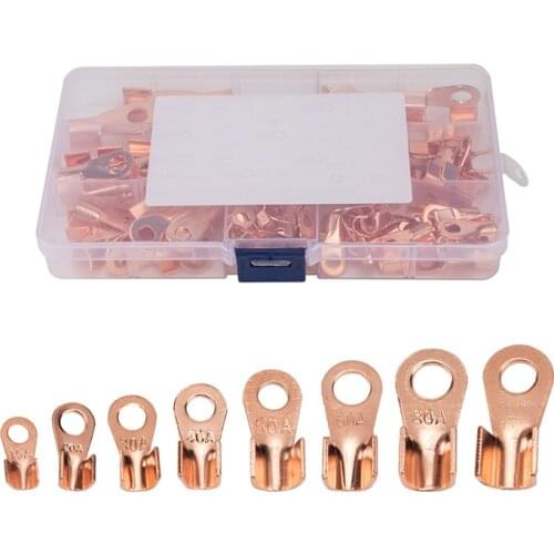 New 90PCS Battery Cable Connectors Open Barrel Wire Crimp Copper Ring Lugs Terminals Connectors Assortment Kit With Box