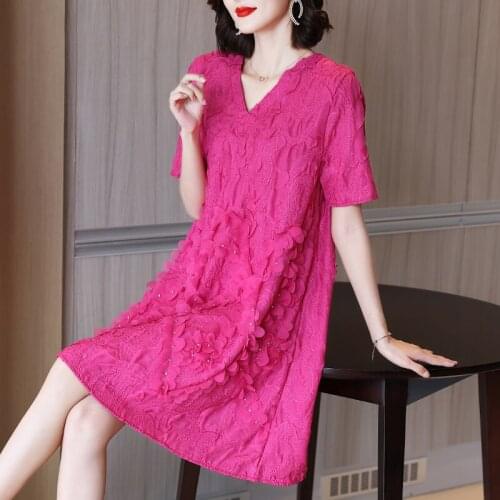 Plus Size Dress For Women 45-75kg 2021 Summer Embroidered Patchwork V-Neck Miyake Pleated Elastic Loose A Line Dress