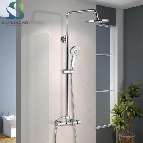 Polished Chrome Thermostatic Shower Faucet Set ABS Top Spray and ABS Shower Bring Down The Water Thermostatic Bathroom Faucet
