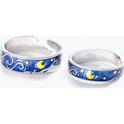 Romantic Van Goghs Starry Couple Ring For Women Men Blue Starry Night Rings Oil Painting Starry Ring Valentines Day Gift Jewelry