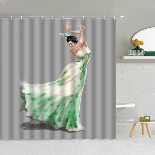 Sexy Woman Shower Curtain Chinese Peacocks Dance Beautiful Girl Elegant Dancing Bathroom Decor Waterproof Fabric Curtains Set