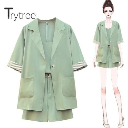 Trytree Spring Summer Women Three piece sets Casual Turn-down Collar Solid Tops + Shorts Wide Leg Pants Suit Set 3 Piece Set
