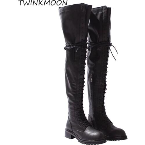 Lace Up Thigh High Boots Womens Winter High Boots Leather Square Heel Over The Knee Boots Round Toe Rubber Sole Shoes Plus