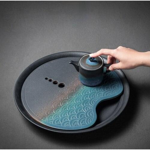 Japanese Style Tea Tray Water Storage Round Ceramic Creative Tea Tray Kung Fu Tea Set Bandejas Teaware Accessories DI50CP