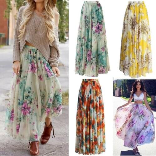 New Women Skirt Loose Chiffon Boho Ladies Floral Casual Long Maxi Full Skirt Sun Skirt