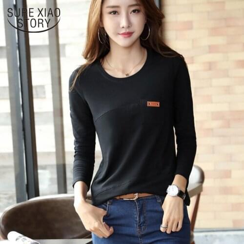 Cotton T-shirt 2019 Autumn and Winter Women Fashion Korean Style O-neck Long Sleeve Tshirt Female Simple Pocket T-shirts 7194 50
