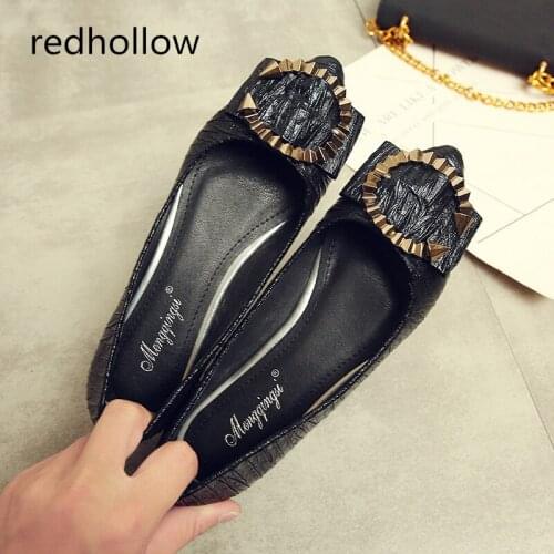 Women Fashion Spring Ladies Pointed Toe Flat Ballet Shallow Shoes Metal Decoration Loafers Slip On Casual Shoes Plus Size 34-43