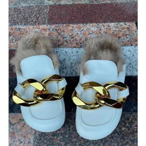 Furry slippers female 2021 fall/winter new style metal chain flat bottom Baotou large size