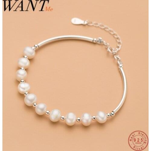 WANTME S925 Silver Natural Geometric Baroque Pearl Bead Elbow Bracelet & Bangle for Women Chic Fashion Sterling Silver Jewelry