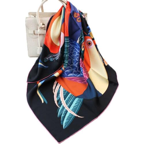 Luxury 100% Twill Silk Scarf Bandana Women Fashion Bird Print Shawl Hijab Head Neck Hair Kerchief Turban Headband 35"*35"