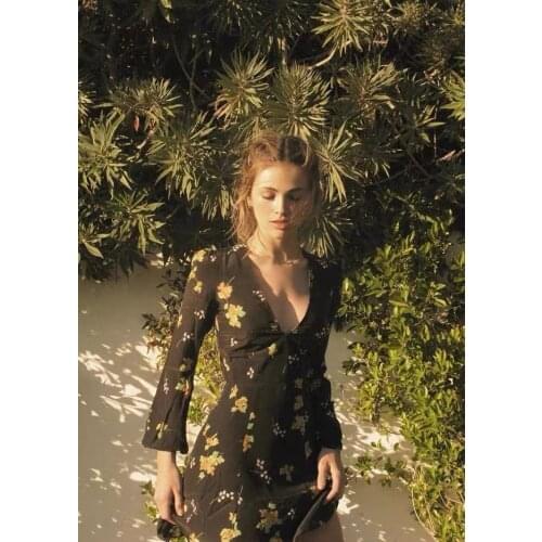 Women Dress 2021 Early Autumn Pastoral Style V-neck Printed Long Sleeve Waist Waist Temperament Dress