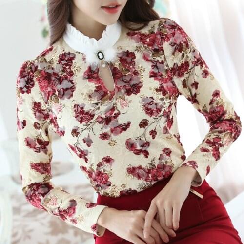 2016 Casual Spring Autumn High Collar Crochet Lace Floral Blouses Women Ladies Tops Lace Women Blouses Long Sleeve Shirt S-3XL