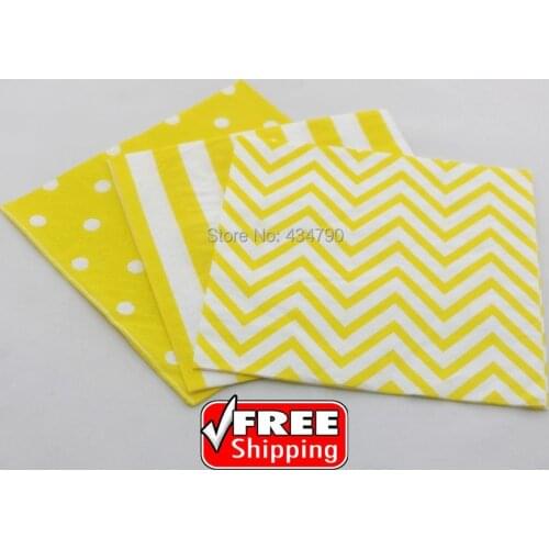 60pcs Yellow Mixed 3 Designs Stripe Polka Dot Chevron 100% Pure Wood Pulp Paper Napkins,Party Supplies,Decorations,Tableware