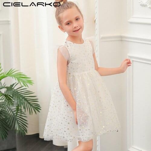 Cielarko Girls Star White Dress Pageant Princess Wedding Party Dresses 2018 Summer Kids Tulle Fancy Frock Design Outfit for Girl