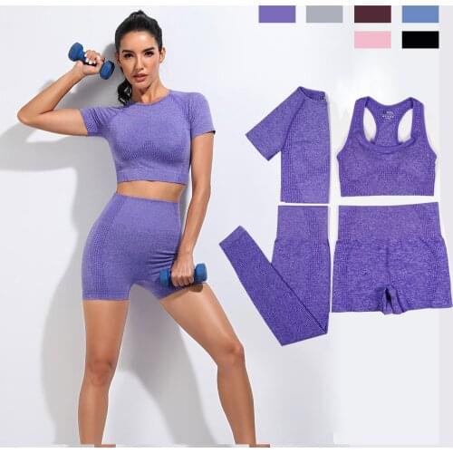 Seamless Women Vital Yoga Set Workout Shirts Sport Pants Bra Gym Clothing Short Crop Top High Waist Running Leggings Sports Set