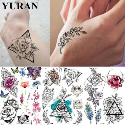 Black Triangle Flower Leaf Fake Tattoos Stickers Realistic Geometric Fox Tattoo Temporary Body Arm Waterproof Neck Tatoo Sheets