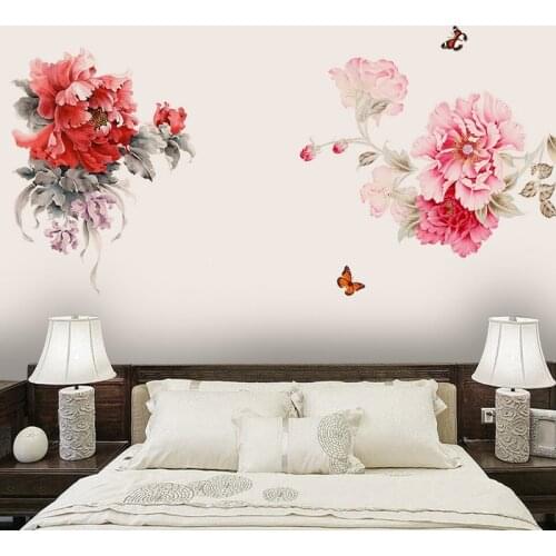 COVPAW Wall Stickers Peony Red Pink Living Room Decorations Wallpaper Home Decor Wall Decals Bedroom Removable Mural Poster