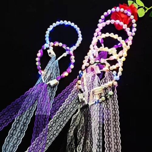 Colorful Three-speed Color-changing Flashing Wedding Glow Led Pearl Hair Hoop Card Headpiece Fairy Hairband Pearl Lace Ribbon