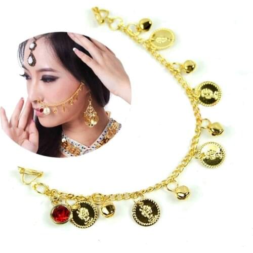 Golden Clip On Nose Ring Chain for Indian Belly Dance 20cm Beach Party Festival Stage Dancing Accessories