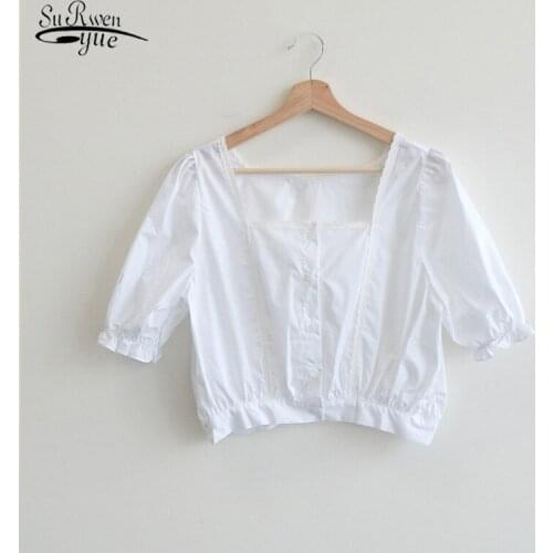 Korean Fashion Clothing Summer Short Sleeve Sweet Womans Shirt White Blouse Square Collar Puff Sleeve Short Top Blusas 10099