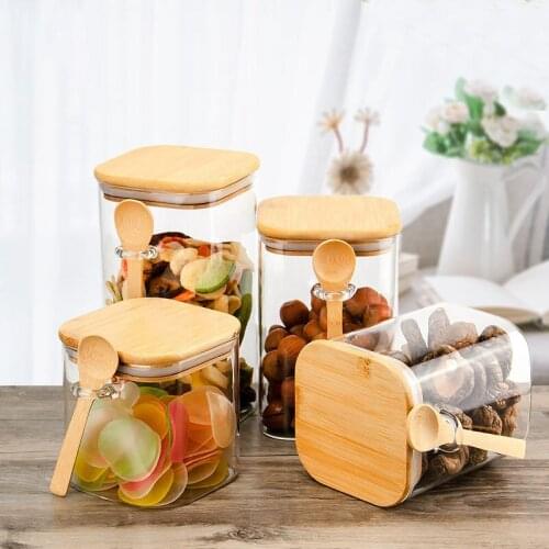 New Japan Style Square Jars with Lid Spoon Milk Powder Jar Coffee Bean Bottle Seasoning High Borosilicate Glass Kitchen Storage