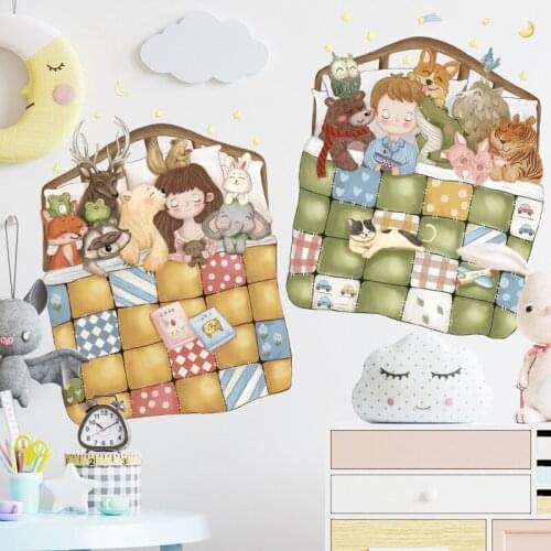 Forest Animals Kids Sleeping on The Bed Wall Stickers Vinilo Decorativo Pared Childrens Room Girl Bedroom Decoration Wall Decal