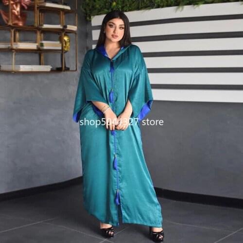 Middle East summer new womens blue-green V-tie hat tassel flannel material Dubai Abaya Turkish dress Muslim young fashion robe