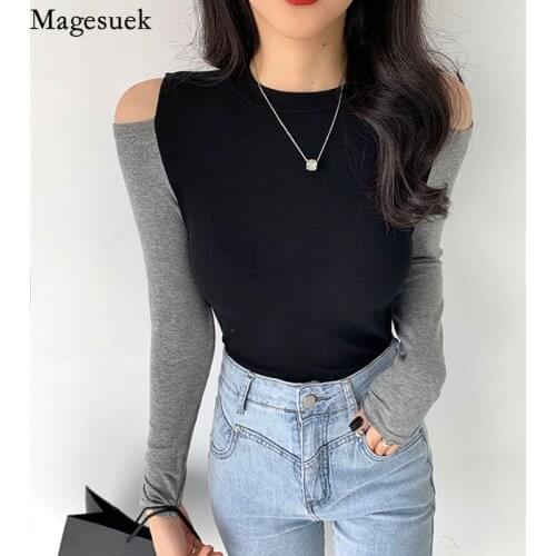Autumn Sexy Off-shoulder Tshirt Womens Bottoming T-shirt Long Sleeve Color Patchwork Tops Korean Slim Cotton Tees Blouse 15804