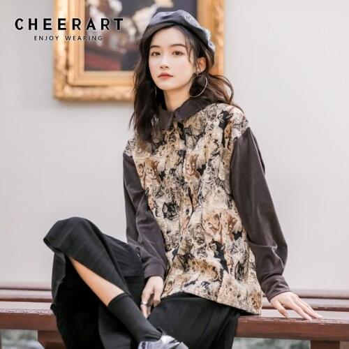 CHEERART Autumn Animal Print Corduroy Shirt Long Sleeve Button Up Shirt Women Patchwork Vintage Top And Blouse 2020 Fashion