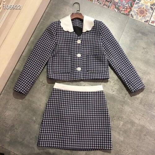 2021 Jacket Set Sweet Plaid Jackets for Women Long Sleeve Coat and Skirt Jacket Set