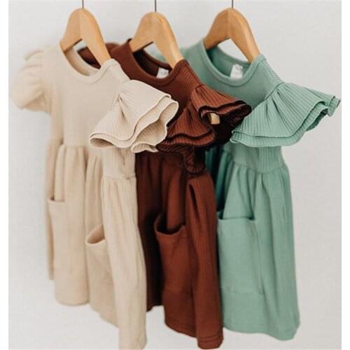 2021 Summer Children Girls Dress Ribbed Knitted Girls Ruffles Dresses Princess Teenage Casual Dress Daily Kids Dresses For Girls