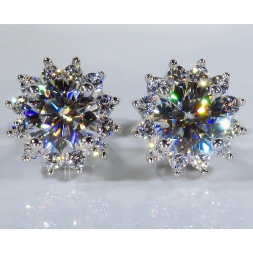14K Au585 White Gold Women Stud Earrings Moissanite Diamonds 2 Carat Round Sunflower Wedding Party Engagement Anniversary Trendy
