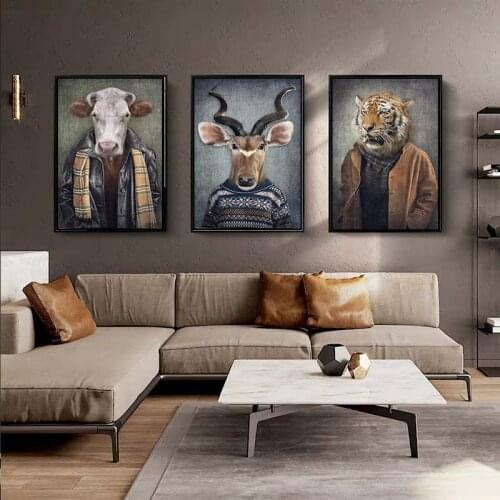 Nordic Vintage Art Animals in Human Clothes Canvas Paintings On the Wall Art Posters And Prints Tiger In Suit Canvas Pictures