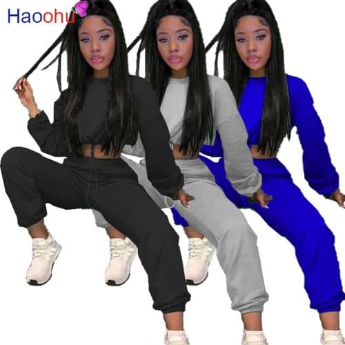 HAOOHU Sport Sweatsuit Solid Womens Set Long Sleeve crop T-shirt + Pants Set work out Tracksuit Two Piece Outfits