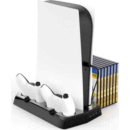 For PS5 Vertical Cooling Fan Stand Digital Edition with 14 Game Slot 3 Hub Port Dual Controller Charging Station Charger for PS5
