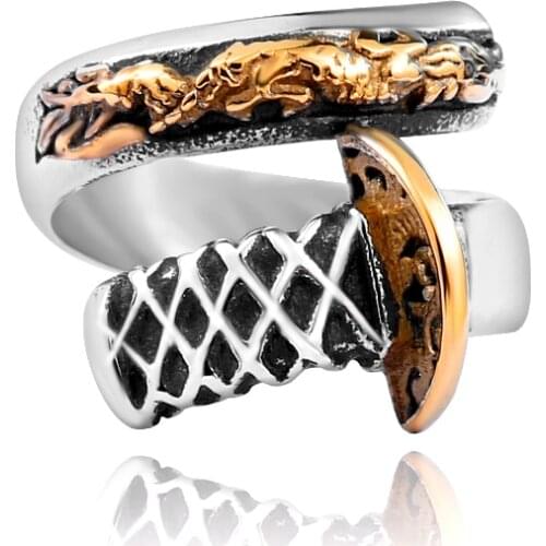 Japanese Not fade Thailand Steel Fashion adjustable Opening Samurai Sword Knife Man`s Gold Ring Unique jewelry