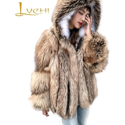 LVCHI Winter 2019 Real Fox Fur Coats Slim Real Natural Fox Fur Coat Womens With Fox Fur Collar Hat Short Causal Slim Fox Coats