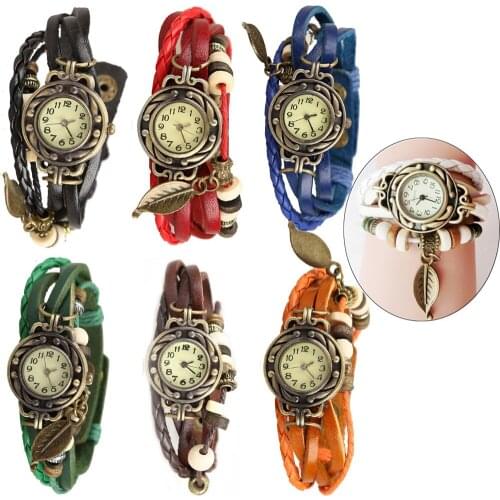 Vintage Bracelet Quartz Wrist Watch with Weave Wrap Leather Band Leaf Beads for Women women watches stainless steel watch